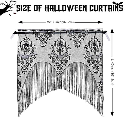 ZeeDix 2 Pcs Halloween Lace Skull Window Curtain- Black Tassel Door Curtain for Halloween Home Party Decorations, Party Supplies