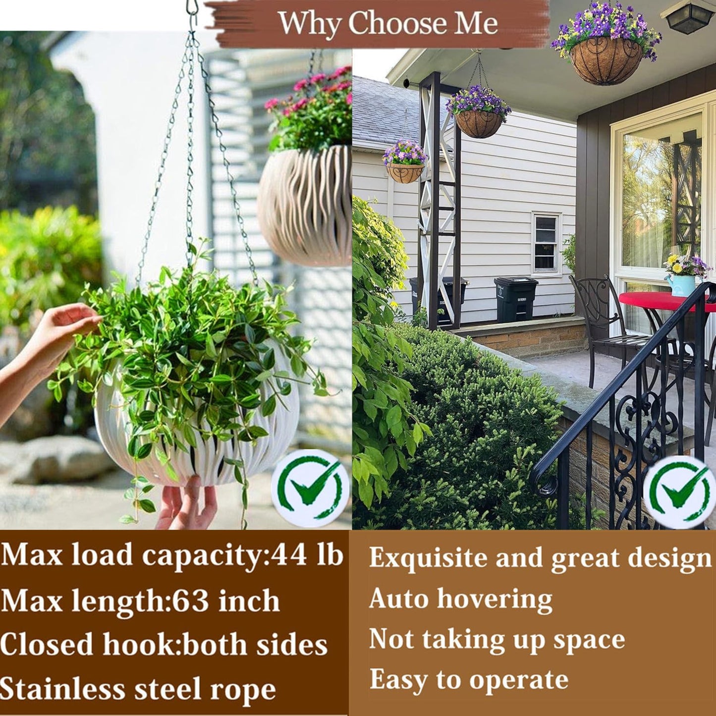 WY-BSO 2024 upgrated Adjustable Heavy Duty Plant Pulleys for Garden Baskets & Bird Feeder,2 PCS Plant Pulley Hangers with 2 PCS White Metal Ceiling Plant Hooks (White-2 pcs with Swivel Connector)