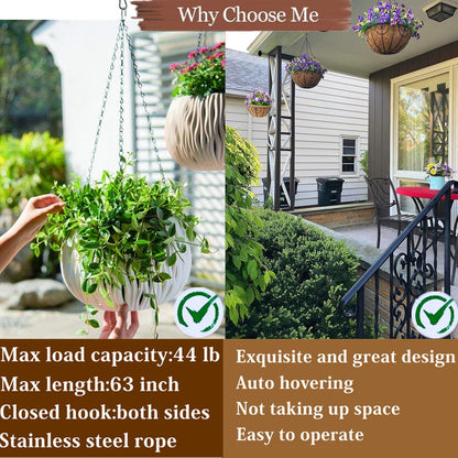 WY-BSO 2024 upgrated Adjustable Heavy Duty Plant Pulleys for Garden Baskets & Bird Feeder,2 PCS Plant Pulley Hangers with 2 PCS White Metal Ceiling Plant Hooks (White-2 pcs with Swivel Connector)
