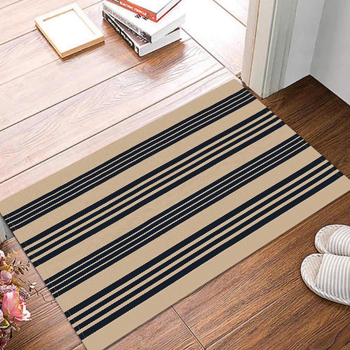 KOZYFLY Striped Front Door Mat 2x3 Ft Brown and Black Cotton Washable Indoor Outdoor Rug Doormats Small Area Rugs for Kitchen Entryway Porch