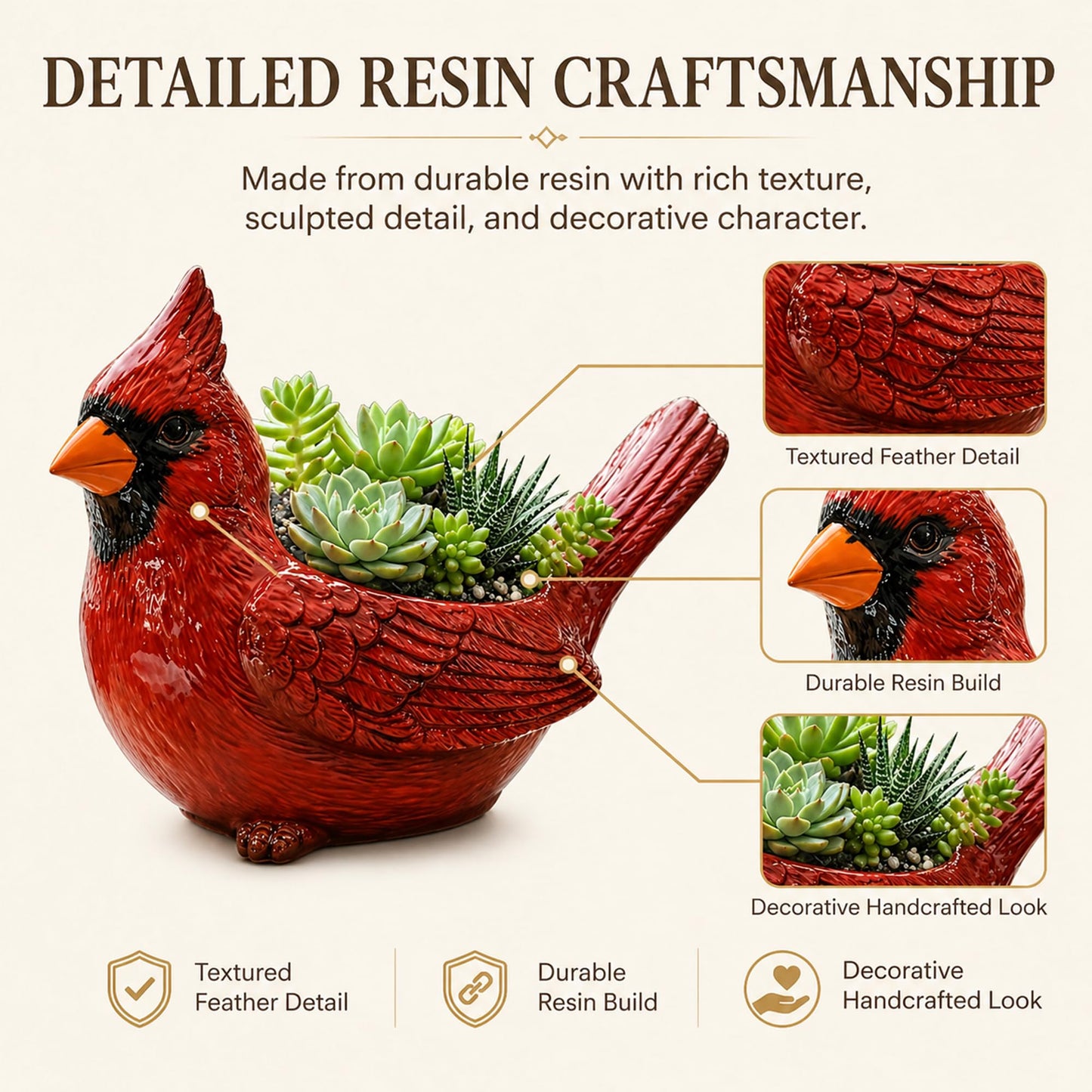 Oulores Cardinal Bird Succulent Planter, Red Resin Decorative Flower Pot for Small Plants, Bird Planter Pot for Desk Windowsill Patio Garden Decor, Gift for Plant & Bird Lovers (Green)