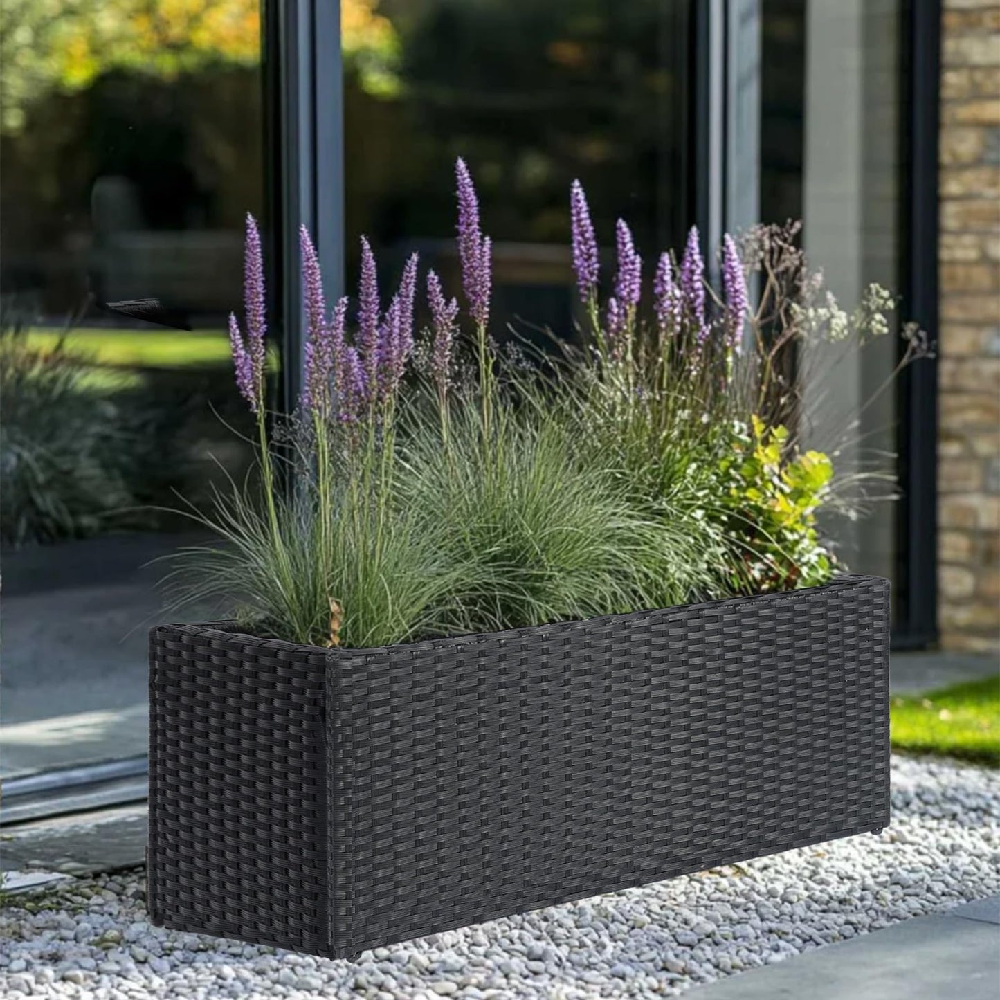SUNNYPARK Black Rectangular Planter Box All-Weather PE Rattan Large Modern Planters with Removable Liner Indoor Outdoor Decorative Flower Pot for Patio, Balcony, Garden