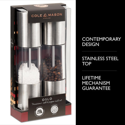 Cole & Mason Oslo Precision Salt & Pepper Grinder Set - Refillable Spice Mills - Salt Mill with Diamond Cut Ceramic Mechanism - Pepper Grinder with Carbon Steel Mechanism