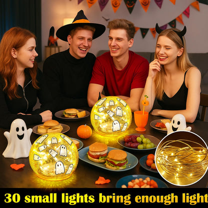 Tujoe 2 Pcs Halloween Decorations Indoor 4" Ghost Crackle Glass Globe Ball Lamp Night Lights with LED Timer Battery Operated Lighted Decorative Tabletop Decor for Table Home Centerpiece Party Gift