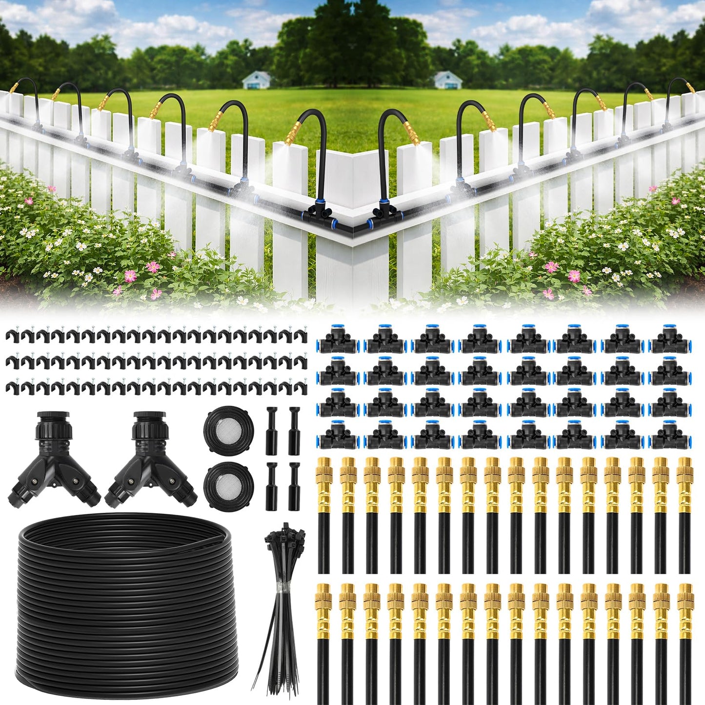 Bluepro Drip Irrigation System 200FT 1/4", 2026-Upgrade Garden Sprinkler Kit with 32PCS 360° Adjustable Copper Nozzles, Automatic Misting Watering System for Raised Beds, Greenhouse, Lawn, Patio, Yard