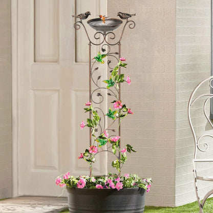Garden Trellis Bird Bath Outdoor, 43.5 Inch Antique Iron Garden Plant Trellis Decorative with Hummingbirds and Detachable Drinking Basin Bowl, Free Standing BirdBath Birdfeeder Station