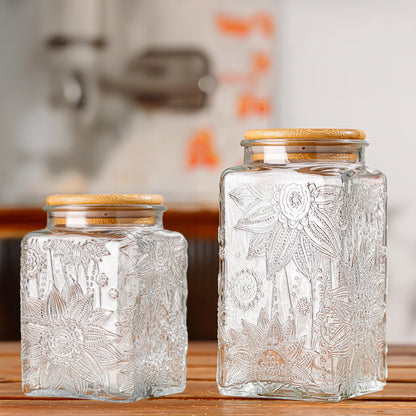 Custde Glass Storage Jars With Airtight Lid, 35oz Canister For Kitchen Counter with Bamboo Lid, brown sugar, candy, coffee, cookie, salt, tea,pantry cute Jar (Large Square Sunflower)