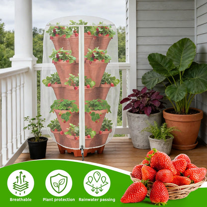2 Pack Garden Vertical Planter Pot Insect Bird Netting,39.4" x 20" Stackable 5 Tier Strawberry Planter Pot Garden Mesh Plant Cover with Zipper for Outdoor Strawberry Herb Flower Protection