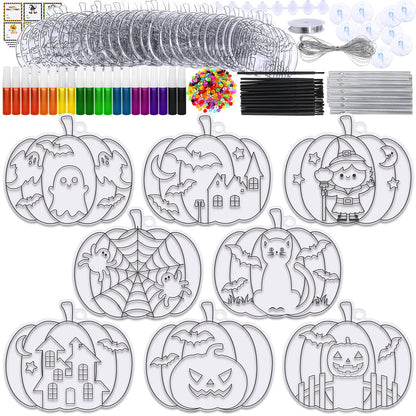 Winlyn 24 Sets Halloween Pumpkin Suncatcher Wind Chime Ornaments Decorations DIY Window Paint Art Suncatcher Craft Kits Pumpkin Sun Catchers for Kids Classroom Halloween Activities Holiday Art Project