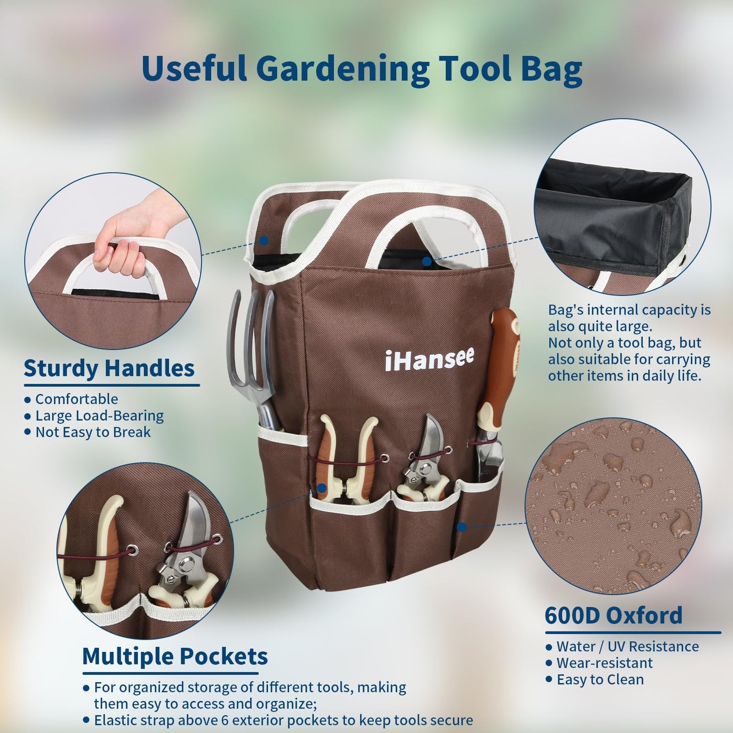 Brown Gardening Tools Set 12-Piece, Garden Hand Tool Kit with Non-Slip Ergonomic Handle, Storage Tote Bag, Garden Apron, Gloves and Kneeling Pad, Gardening Gifts for Women Men Plant Lover