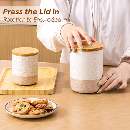 Yangbaga Canisters Sets for Kitchen Countertop-Set of 4 Ceramic Kitchen Canisters Food Storage Jar with Airtight Wood Lids & Spoons & Label,Large Flour and Sugar Containers for Serving Ground Coffee