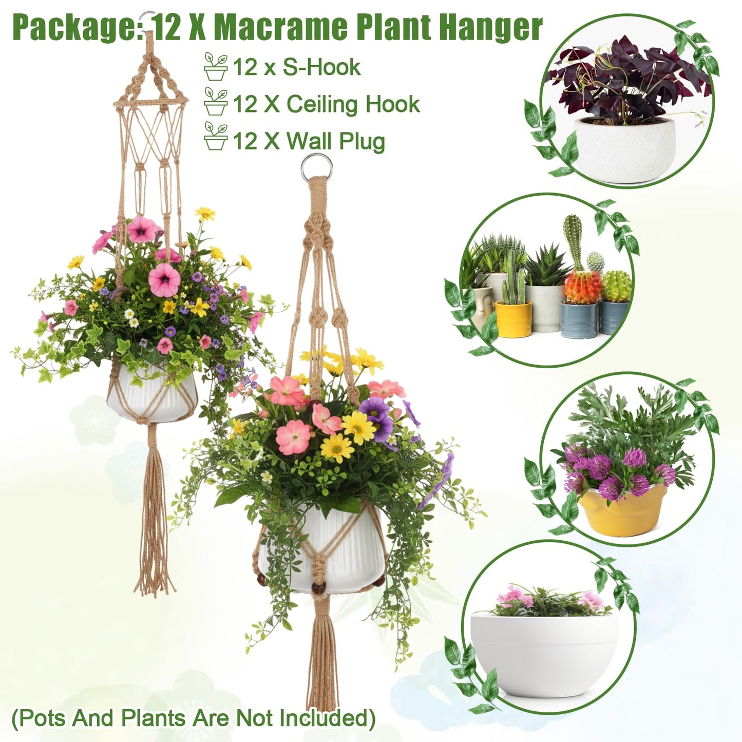 HANLANXUE 12 Pcs Macrame Plant Hangers, Handmade Hanging Planters for Indoor Plants Boho Hanging Baskets Flower Pots Holder with S Hooks and Ceiling Hooks for Outdoor Wall Home Decor