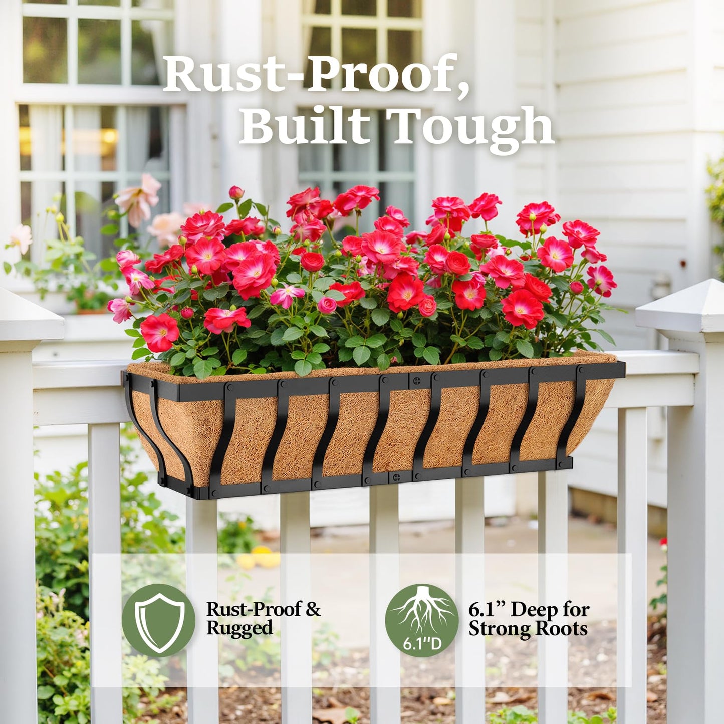 VOXOR Railing Planter Boxes, Heavy Duty Window Box Planters, Adjustable Balcony Planters for Railing Hanging, with Coco Liner & Support Rod for Deck, Porch, and Patio Gardening (3 Pack, 30 Inch)