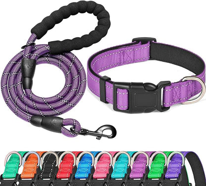 Ladoogo Reflective Dog Collar Padded with Soft Neoprene Breathable Adjustable Nylon Dog Collars for Small Medium Large Dogs (X-Small (Pack of 1), Purple Collar+Leash)
