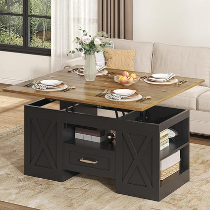 kepptory 39.4'' Lift Top Coffee Table with Storage, 4 in 1 Multi-Function Convertible Coffee Tables for Living Room, Farmhouse Coffee Table with Open Storage Compartment & Drawers (Brown&Black)