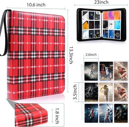 WOT I Trading Card Binder, 900 Pockets Baseball Card Binder Sleeves with Zipper, Double Sided Pockets Card Holder Carry Card Case for Baseball Card, Football Card, Scottish Style, Black+Red