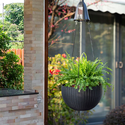 Glitzhome 30" H Plastic Hanging Planter with Solar Lights, Black Plant Basket Hanger with Chain for Outdoor Indoor Plants