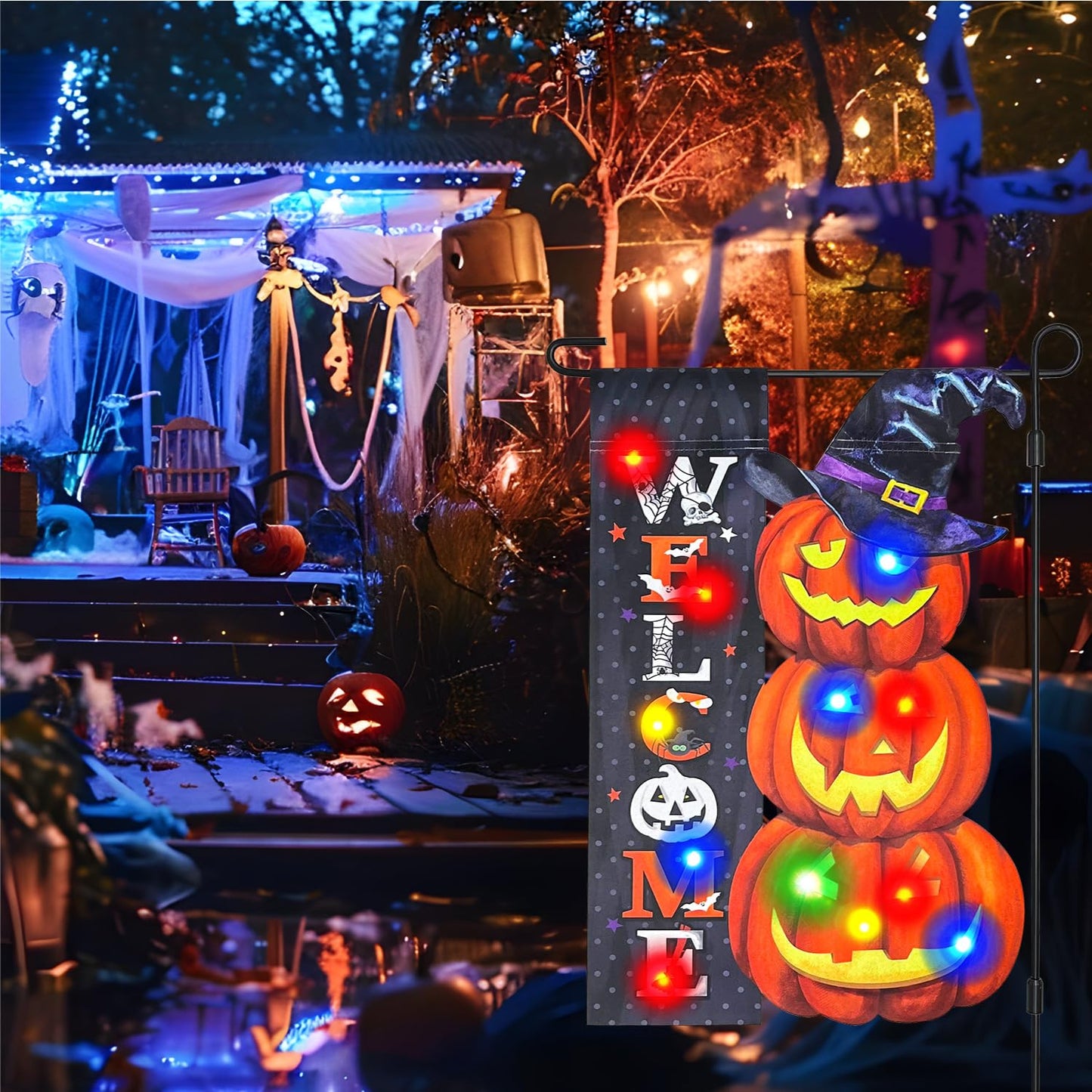 Vigor Home Halloween Lighted Garden Flag 12x18 Double Sided, Solar Outdoor Decor Yard Flags 8 Modes Led Jack-O-Lantern Welcome Halloween Pumpkins Decorations for Home Porch