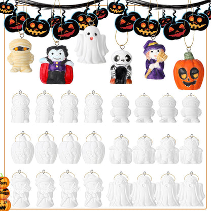 Glimin 24 Pcs Halloween 3D Ceramics to Paint Make Your Own Kit Unpainted Ceramic Pumpkins Ghost Plaster Bulk DIY Keychains Ready to Paint Figurines Halloween Hanging Ornaments for Crafts, 6 Styles