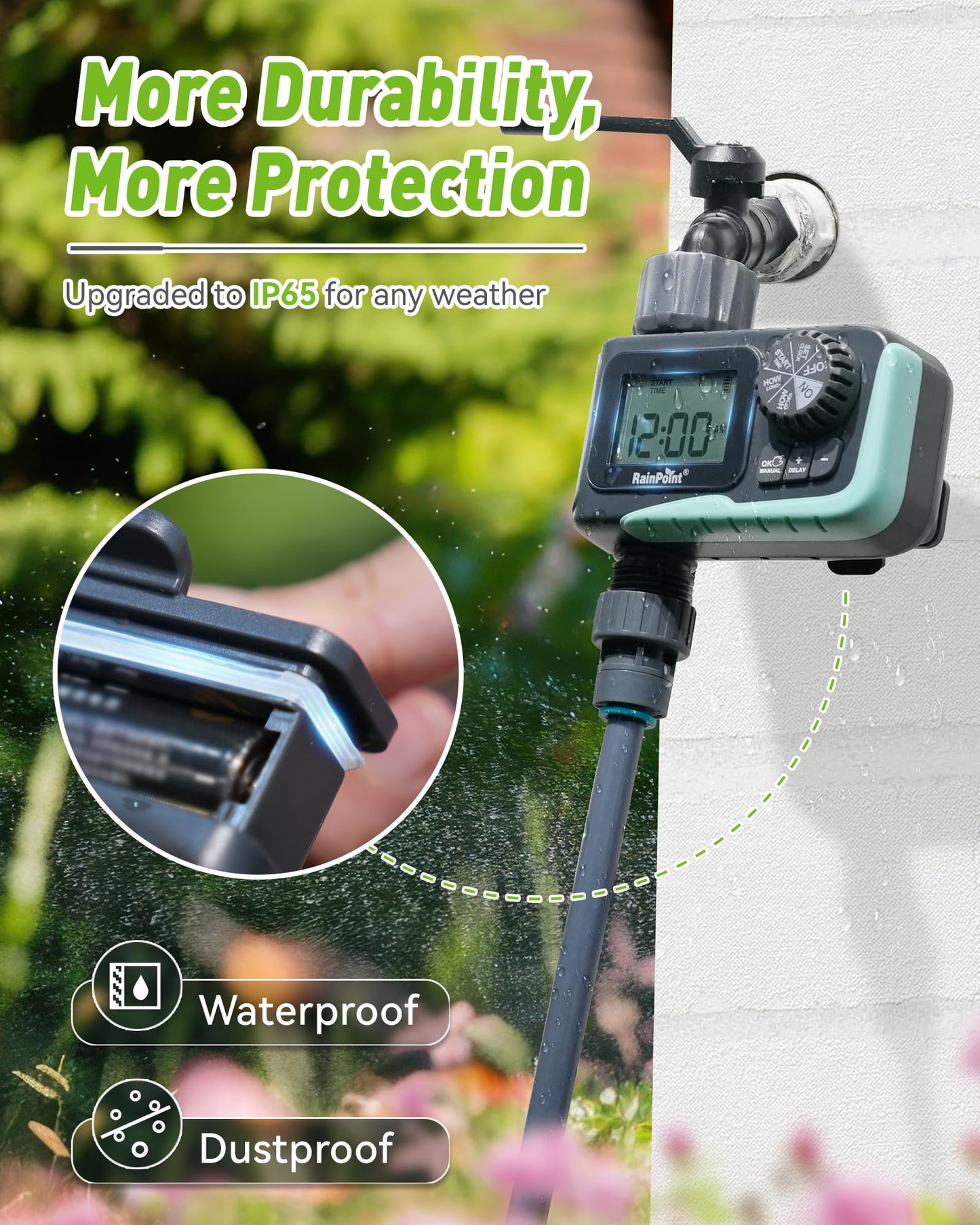 RAINPOINT Sprinkler Timer Outdoor, Water Timer for Garden Hose, Programmable Watering Irrigation Timer with Rain Delay/Manual(Plastic)
