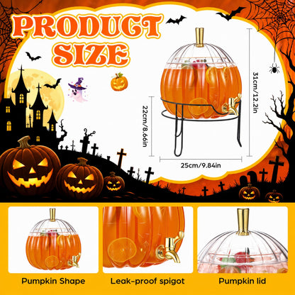 Romooa 1.3 Gallon Halloween Plastic Drink Dispenser with Metal Stand Spigot Pumpkin Shaped Drink Dispenser Beverage Flask with Spigot for Fall Harvest Summer Halloween Autumn Party Supplies(Clear)