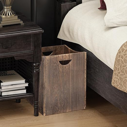 2 Pack Large Wooden Trash Can 9 Gal Curved Design Office Waste Basket, Square Farmhouse Garbage Can, Brown Vintage Wood Trash Can Storage Basket With Handles for Bedroom Office Living Room Decorative