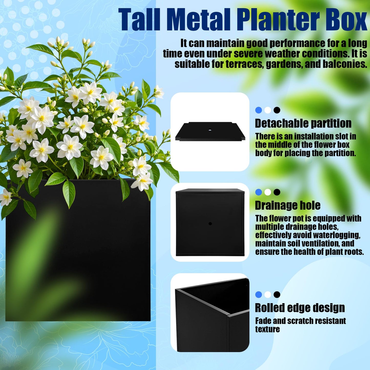 Srehloe Metal Planter Box for Outdoor Plants 36" x 12" x 24" Large Rectangular Planter Cube Steel Heavy Duty Flower Pot with Insert Shelf and Drainage Holes Suitable for Patio Yard Garden Porch Hotel