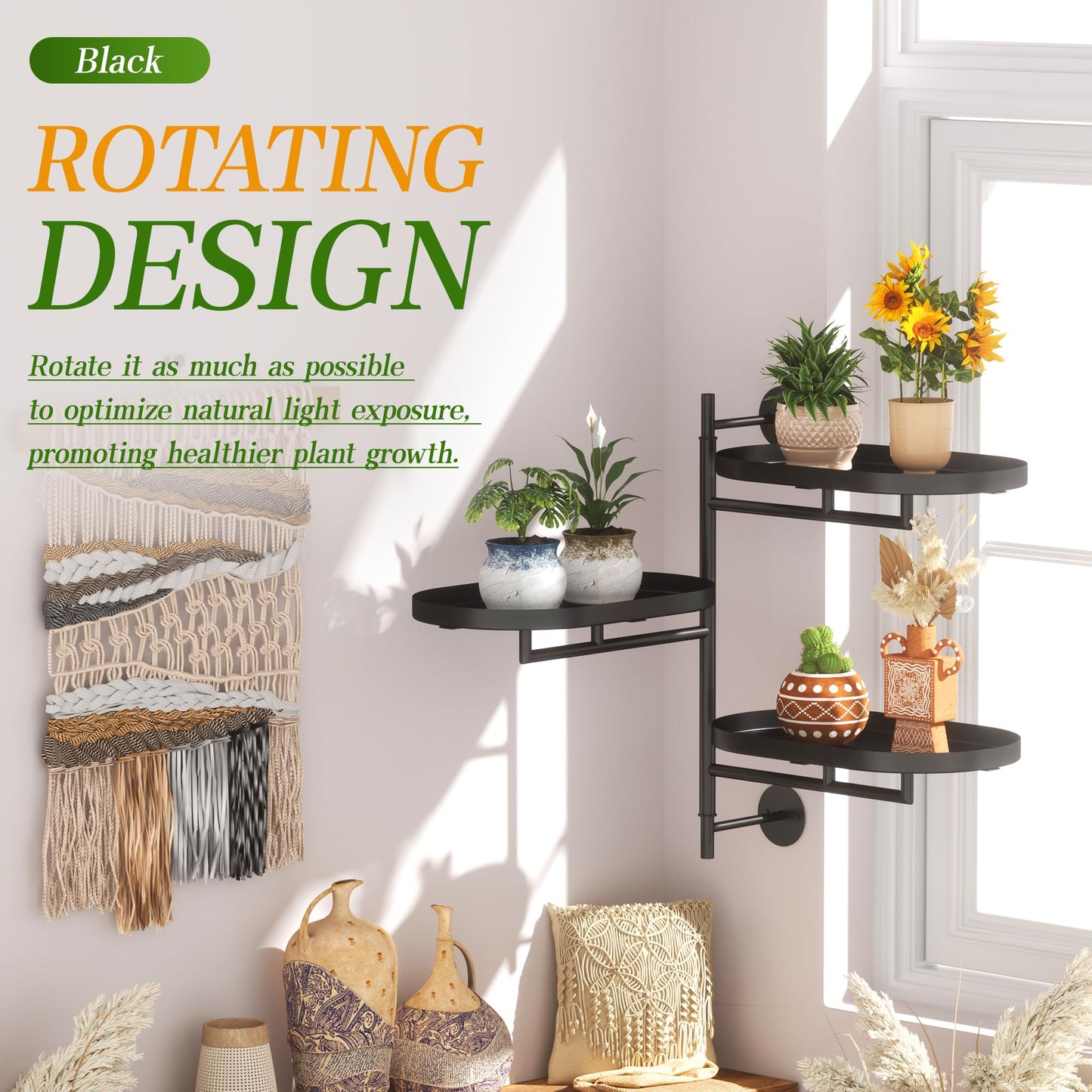 YQSLYSF Window Sill Rotating Plant Stand Shelf Indoor Black Metal Floating Shelves 3-Tier Wall Mount Plant Holders for Living Room Wall Planter Modern Home Decor for Gardening