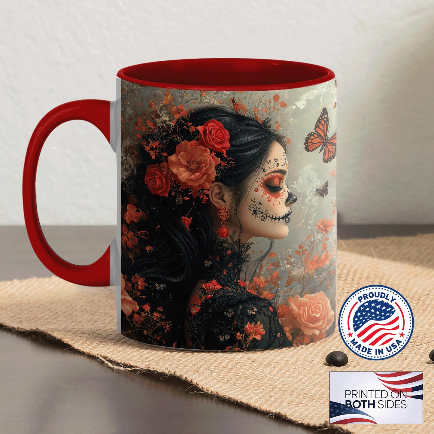 ANOVRA Day of the Dead Lady Mug, Dia de los Muertos Coffee Mug with Orange Rose Face Paint, Gothic Mexican Art Ceramic Cup, Gift for Halloween, Her, Friends, Celebration, 11oz