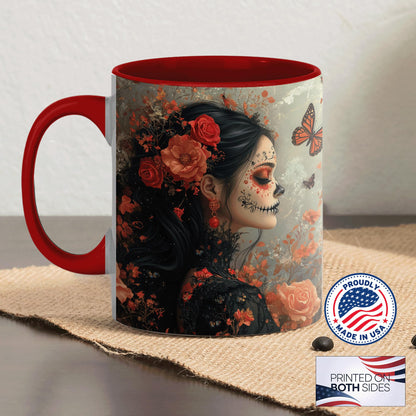 ANOVRA Day of the Dead Lady Mug, Dia de los Muertos Coffee Mug with Orange Rose Face Paint, Gothic Mexican Art Ceramic Cup, Gift for Halloween, Her, Friends, Celebration, 11oz