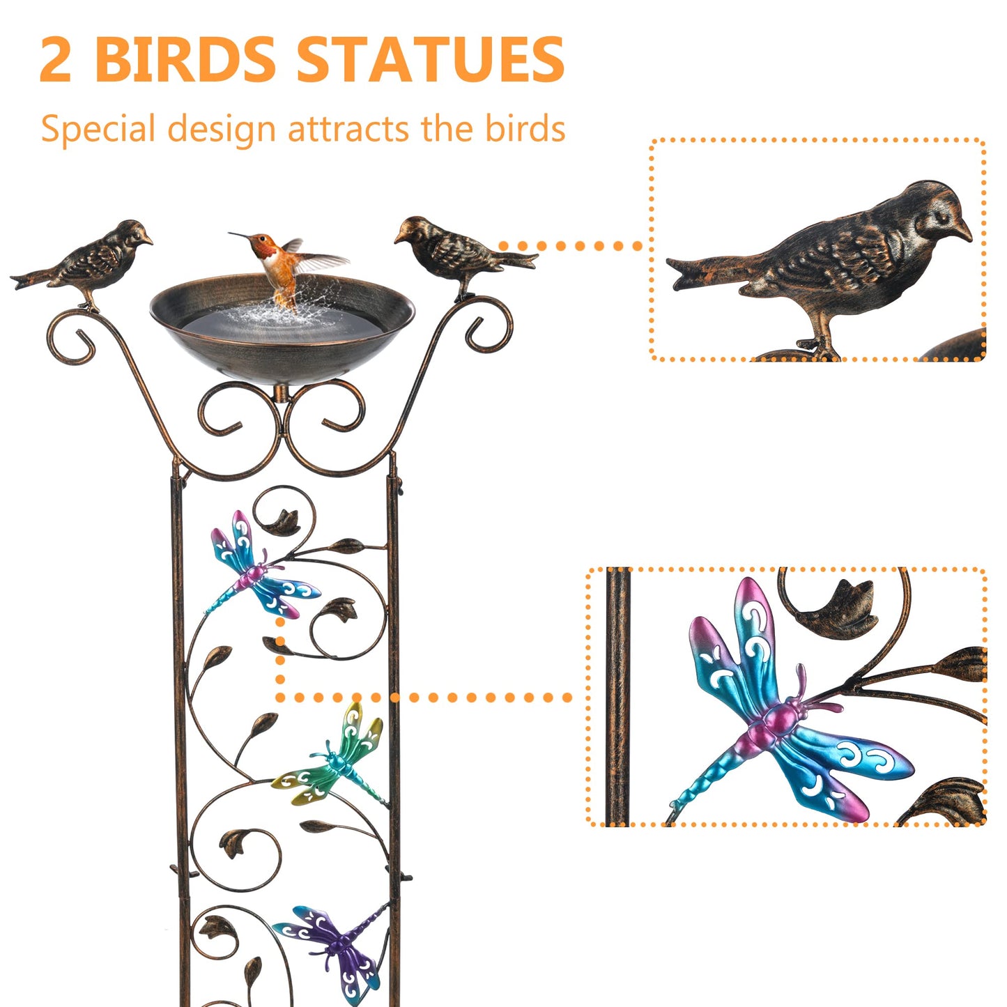 SUNNYPARK Bird Bath with Trellis Outdoor, Antique Garden Iron Plant Trellis with Decorative Dragonfly Detachable Bird Bath Bowl Metal Potted Plant Support for Climbing Flowers