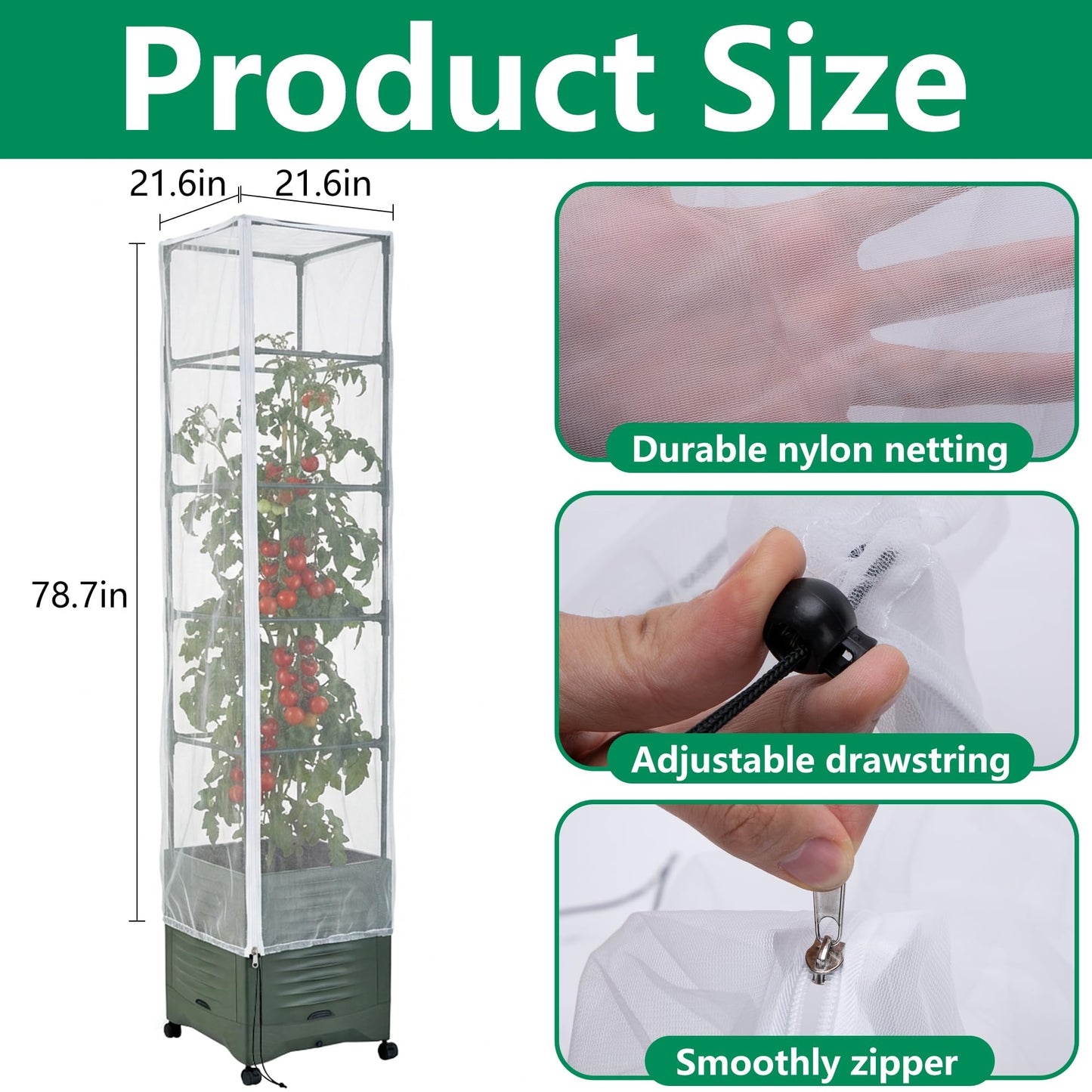2 Pcs Garden Bird Netting Plant Cover for Square Tomato Cage, 78.7" x 21.6" Insect Bird Barrier Tomato Cage Net with Zipper & Drawstring, Tomato Trellis Netting Protection Cover for Protecting Plants