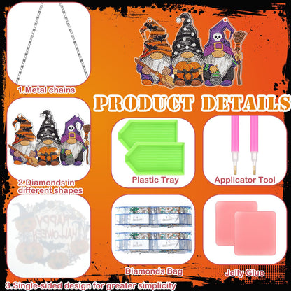 Chitidr 6 Pcs Halloween Diamond Painting Hanging Sign Set Witch Pumpkin Gnome Diamond Art Paint Arts Set 5D DIY Ornaments Kits for Halloween Wall Door Window Decor