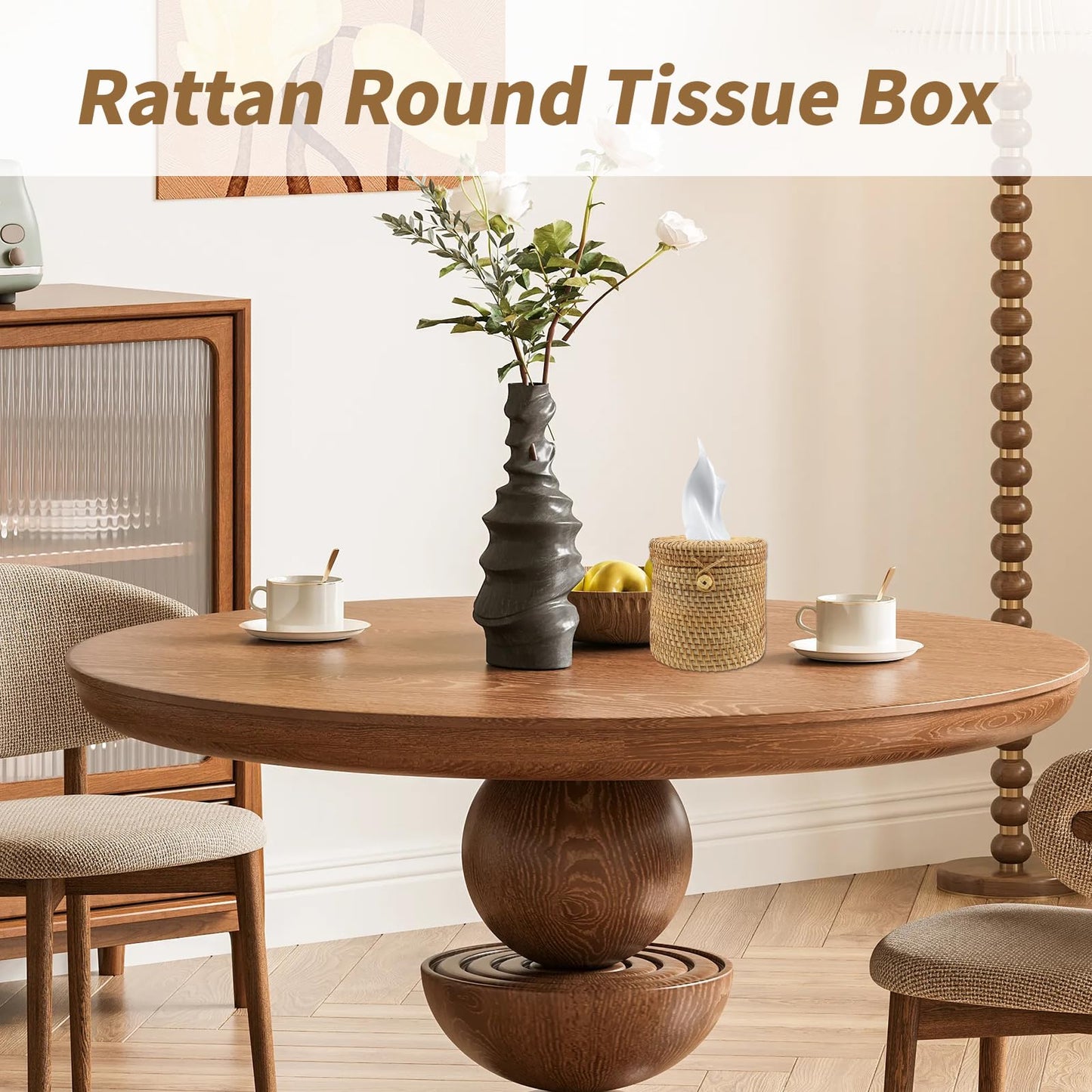 Risbay 1PCS Rattan Round Tissue Box Cover Tissue Box Holder Decorative Woven Facial Tissue Holder