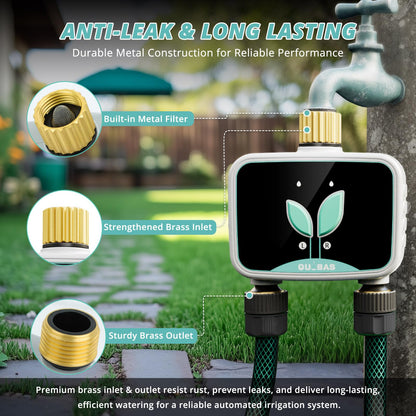 QUOBAS WiFi Water Timer for Garden Hose, 2 Zone Brass Hose Timer WiFi with App Control & Rain Delay/Auto/Manual 3 Modes for Drip Irrigation, Pool & Lawn, Battery Powered, 2.4GHz WiFi Only