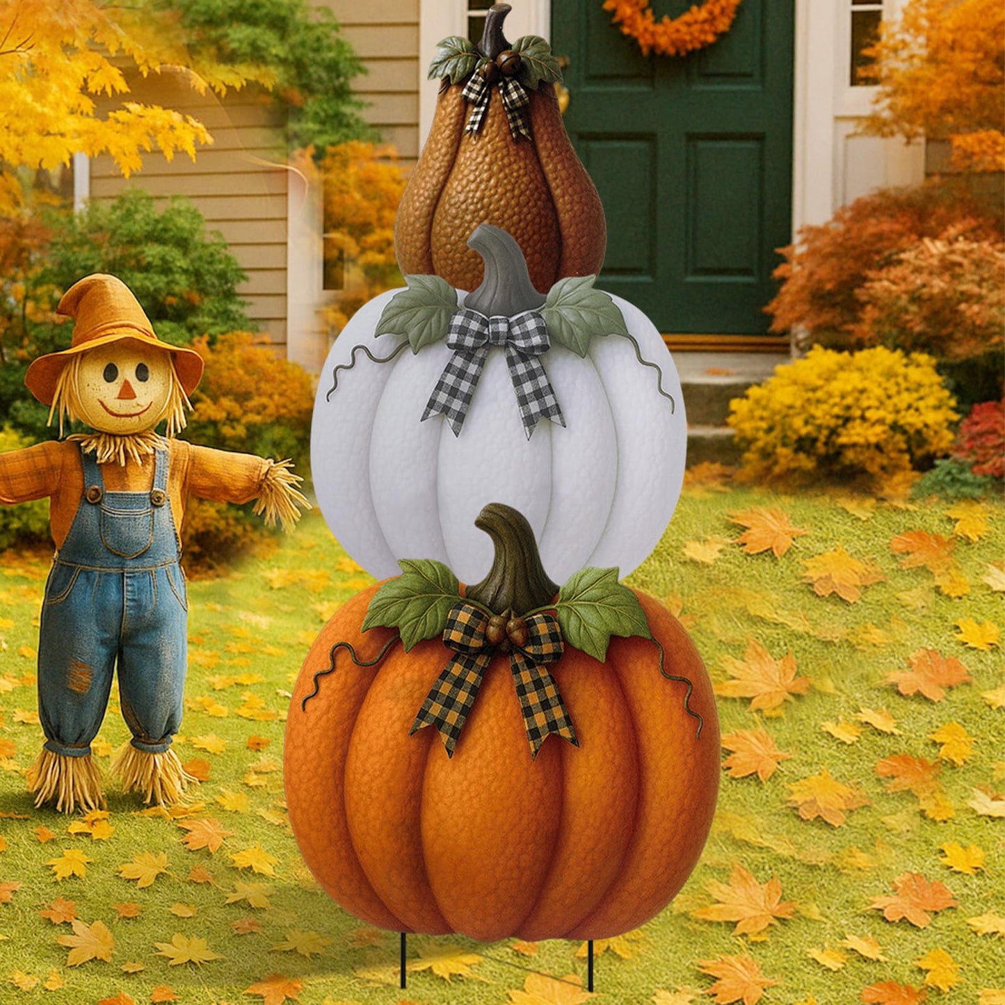Otoolling 3 Pcs Thanksgiving Metal Stacked Pumpkin Garden Stakes Outdoor 3D Retro Pumpkin Decoration Fall Yard Stakes Lawn Signs Decorative for Autumn Harvest Holiday Pathway Patio Decor