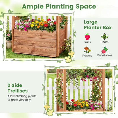 Giantex Raised Garden Bed with Sided Trellis & Roof Set 2, 31”x16”x41” Wood Elevated Planter Box, Freestanding Garden Planter Raised Bed for Flowers Herbs Climbing Vines,Brown