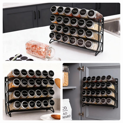 DIDITIME Spice Rack Organizer with 24 Glass Jars and 60 Labels, 4-Tier Seasoning Organizer for Cabinet, Countertop, Pantry or Wall Mount, Rust-Resistant Carbon Steel Spice Jar Set with Marker