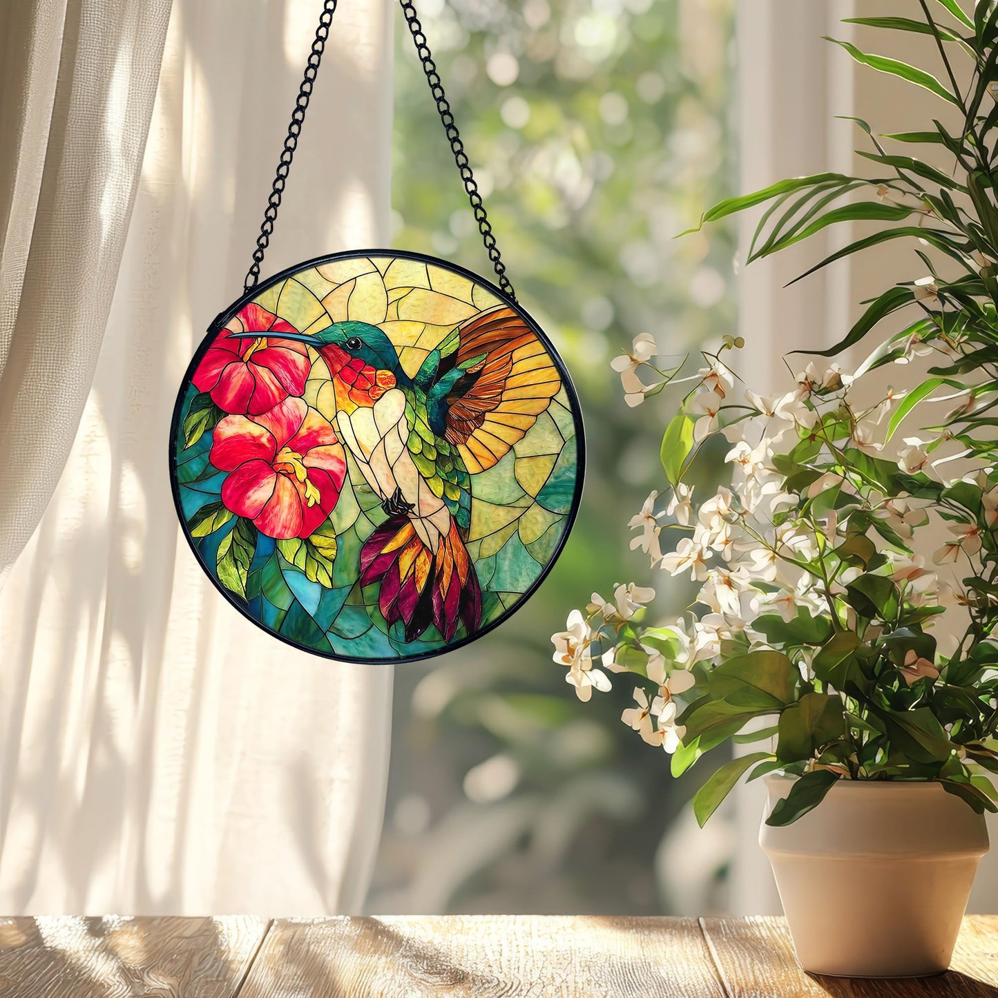 XFCICRLJ Hummingbird Suncatcher Stained Glass Window Hanging, Hummingbird Flower Sun Catchers Indoor Window Glass Wall Art Decor, Bird Wall Hanging Decor Decorations, 7.9x7.9 Inch 038-MH-BLGH