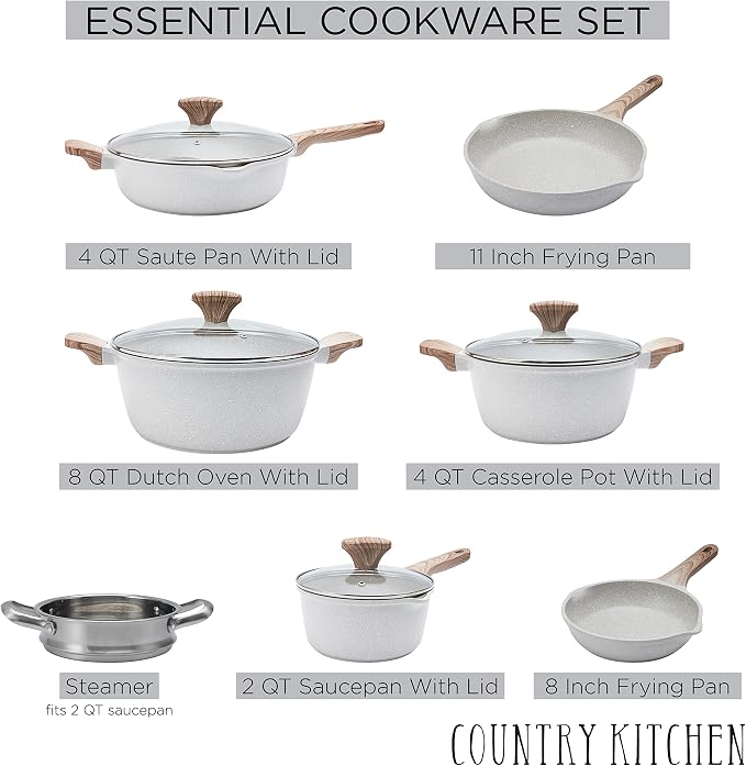 Country Kitchen Non-Stick Cast Aluminum Cookware Set - Durable Kitchen Cookware for Everyday Cooking, Cream, 11 Pc.