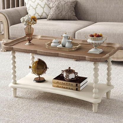 Function Home Farmhouse Coffee Table, 2-Tier Center Table with Storage Shelf, 39.8" French Country Rectangle Accent Table with Natural Tray Top and Spindle Legs for Living Room Balcony, Antique White