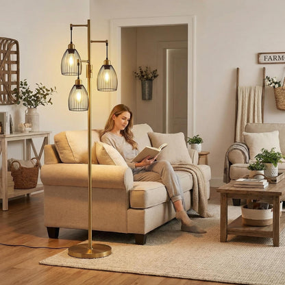 Dimmable Floor Lamp, Industrial Floor Lamps for Living Room, Antique Brass Tree Lamp Standing Lamp Tall Lamps with 3 Elegant Teardrop Cage Head & 800 Lumens LED Bulbs for Living Room Bedroom Office