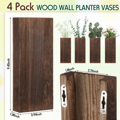 Ziliny 4 Pack Wood Wall Planter for Dried Flowers and Artificial Greenery Indoor Plants Holder, Wood Wall Decor Wooden Pocket Vase Modern Farmhouse Hanging Flowers for Living Room Bedroom Home