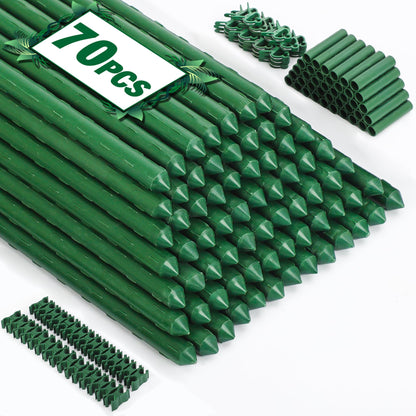 Tegarbed Garden Stakes 70 Pack, 16 Inch Plastic Coated Metal Tomato Stakes, DIY 4ft 5ft 6ft 7ft Plant Support Stakes with 40 Connectors 30 Rotatable Clips 30 Plant Clips for Indoor Outdoor Vegetables