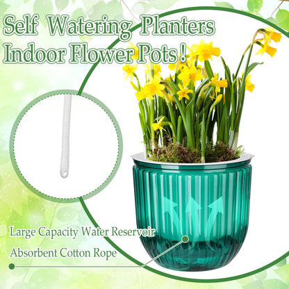 Romooa 3 Pcs Self Watering Pots for Indoor Plants Planters with Drainage Holes 8.3" 6.5" 4.5" Flower Pots Durable Plastic with Wick Rope and Reservoir Emerald Green Clear for Herbs African Violet