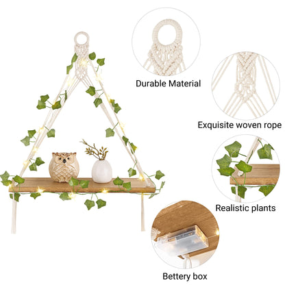Mkono sSet of 4, 2 Packs Artificial Ivy Macrame Hanging Shelves with Lights, and 2 Packs Fake Hanging Plant with Pot