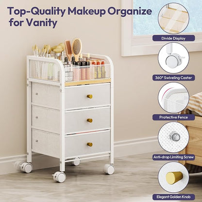 SWTYMIKI Rolling Makeup Organizer Cart - Under Desk Vanity Makeup Storage with 3 Non-woven Drawers, Nail Cart Organizer Cosmetic Display Cases Cabinet for Skin Care Perfume Nail Polish Brush Hair Tool
