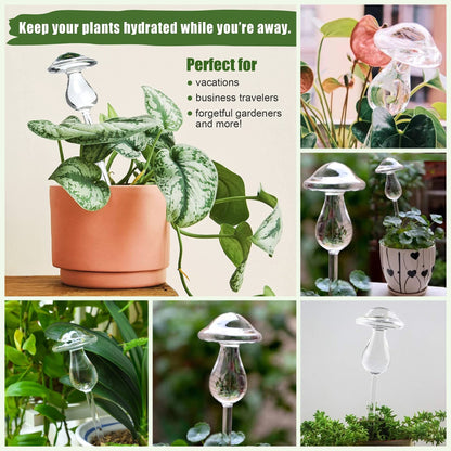 Kingbuy Mushroom Shaped Self-Watering Globes - 2 Pack Glass Automatic Plant Waterer for Indoor Outdoor Plants, Water Bulbs & Decorative Stakes for Plant Lovers