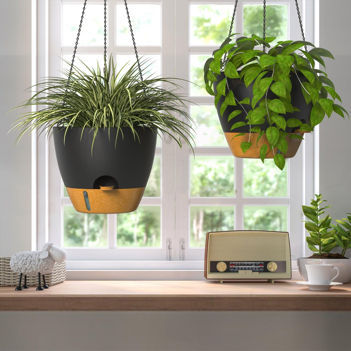 ZMTECH 12 Inch Large Self Watering Hanging Planters for Indoor Outdoor Plants - Water Level Indicator & Removable 60 Oz Reservoir, 1 Pack Plastic Hanging Basket for Window Porch Garden Balcony, Black