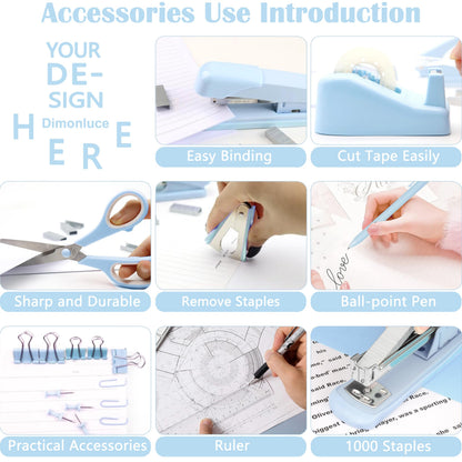 Dimonluce Blue Desk Accessories, Blue Office Supplies Accessories with Tape Dispenser, Stapler, Staple Remover, 1000 Staples, Tape, Clips Set, Ruler, Scissor, Pen